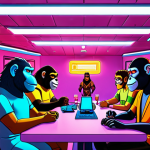 ** A vibrant digital artwork depicting CryptoPunks meeting Bored Ape Yacht Club members in Decentraland. The scene should be futuristic with neon lights and floating virtual landscapes, showcasing interoperability between metaverses. Focus on the unique characteristics of each NFT collection and their digital identities, highlighting digital scarcity and the evolution of virtual ownership.

**
