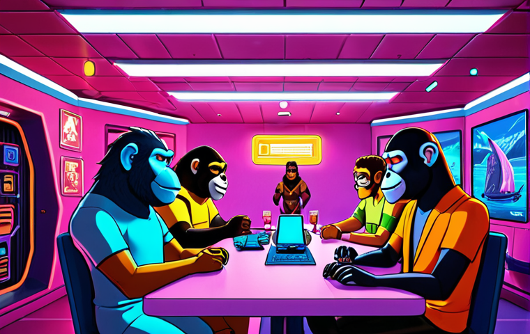 ** A vibrant digital artwork depicting CryptoPunks meeting Bored Ape Yacht Club members in Decentraland. The scene should be futuristic with neon lights and floating virtual landscapes, showcasing interoperability between metaverses. Focus on the unique characteristics of each NFT collection and their digital identities, highlighting digital scarcity and the evolution of virtual ownership.

**