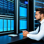 Home 12 A focused cybersecurity expert, wearing a professional dark suit, white shirt, and a modest tie, seated at a desk in a high-tech data center. The expert is observing digital interfaces displaying complex network security diagrams, surrounded by glowing server racks. The lighting is cool blue, emphasizing vigilance and data protection. Fully clothed, appropriate attire, modest clothing, safe for work, appropriate content, professional, perfect anatomy, correct proportions, natural pose, well-formed hands, proper finger count, natural body proportions, high-resolution.
