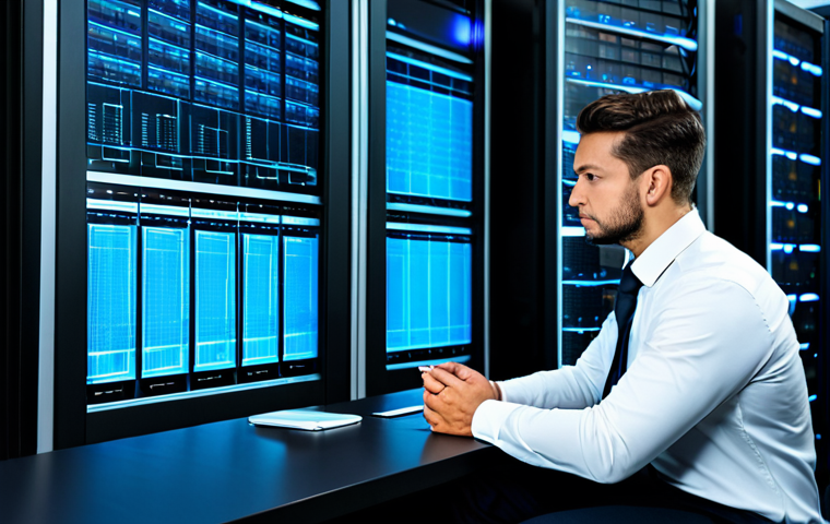 A focused cybersecurity expert, wearing a professional dark suit, white shirt, and a modest tie, seated at a desk in a high-tech data center. The expert is observing digital interfaces displaying complex network security diagrams, surrounded by glowing server racks. The lighting is cool blue, emphasizing vigilance and data protection. Fully clothed, appropriate attire, modest clothing, safe for work, appropriate content, professional, perfect anatomy, correct proportions, natural pose, well-formed hands, proper finger count, natural body proportions, high-resolution.