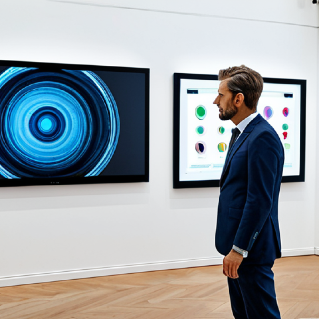 Digital Art Investment**
"A professional art dealer in a modern art gallery, examining a large digital artwork displayed on a screen. The gallery is bright and contemporary. The dealer is fully clothed in appropriate business attire. Focus on the intersection of technology and art investment. Perfect anatomy, correct proportions, natural pose, safe for work, appropriate content, fully clothed, professional photography, high quality."
**