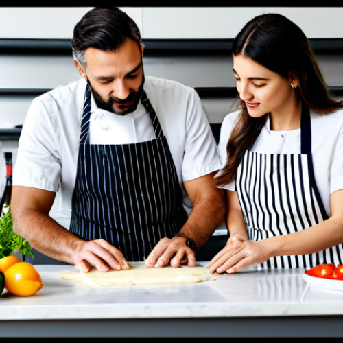 Home 21 Food Blogger Collaboration**
"A professional Italian food blogger, fully clothed in a stylish apron, collaborating with a chef in a bright, modern kitchen. They are reviewing ingredients and discussing a new recipe. Appropriate attire, safe for work, perfect anatomy, well-formed hands, natural pose, high quality photography."
**