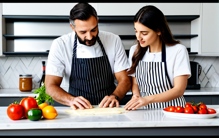 Food Blogger Collaboration**
"A professional Italian food blogger, fully clothed in a stylish apron, collaborating with a chef in a bright, modern kitchen. They are reviewing ingredients and discussing a new recipe. Appropriate attire, safe for work, perfect anatomy, well-formed hands, natural pose, high quality photography."
**